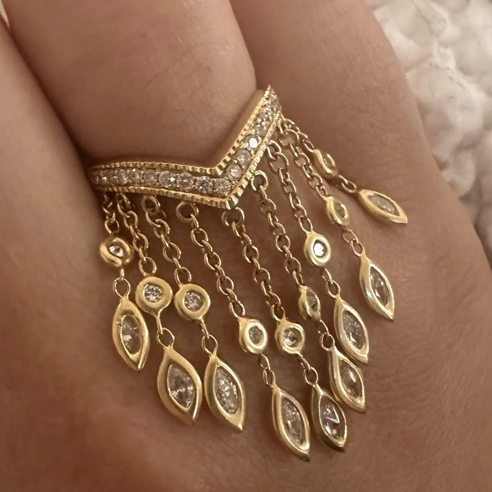 RARE 14K💍JACQUIE AICHE EXTRA LONG DIAMOND SHAKER RING DANGLE GOLD FRINGE RING - Picture 16 of 17